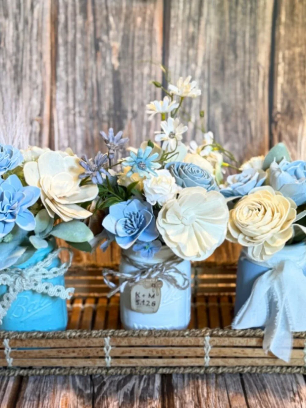 Sola Wood Dusty Blue Wedding Floral Table Centerpieces Set of 3 Mason Jar Decor